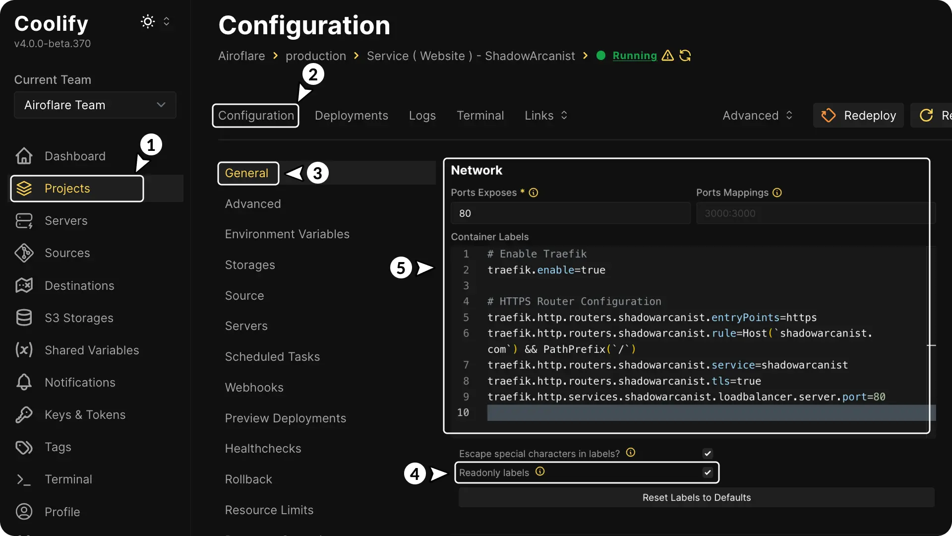 Coolify Dockerfile deployment Container labels