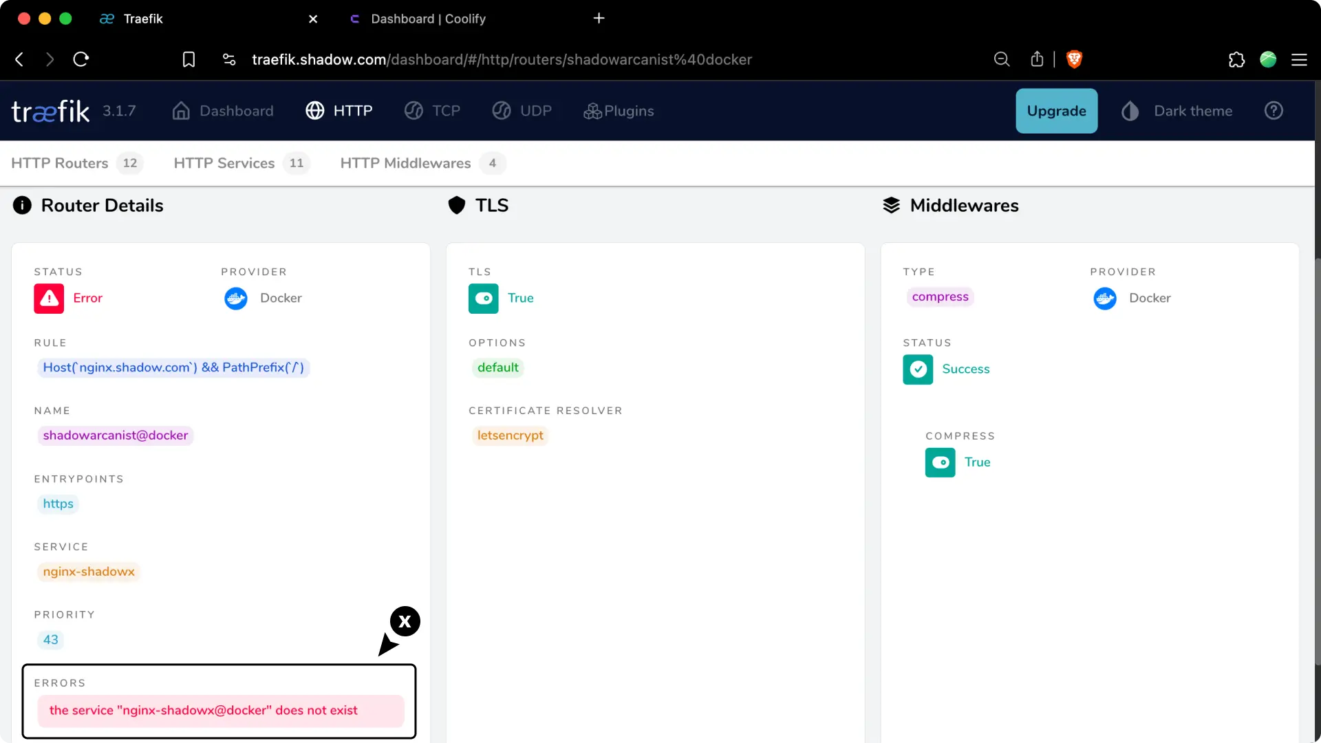 Traefik Dashboard Router Error