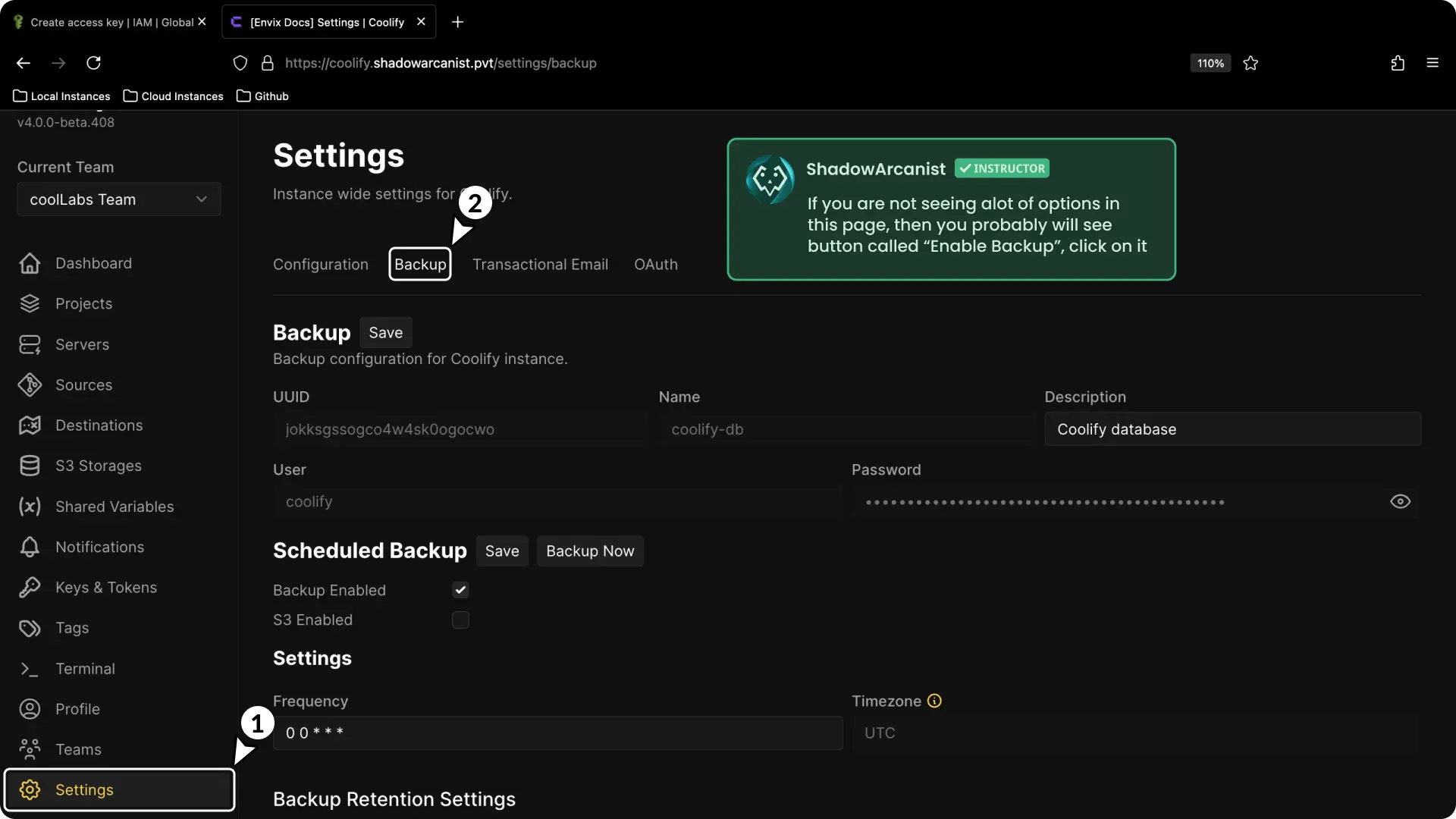 Coolify Aws S3 Backup Setup