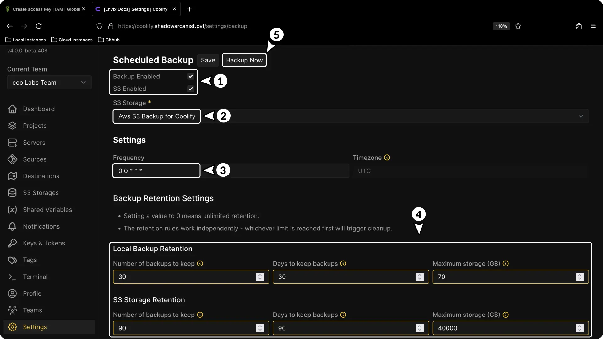 Coolify Aws S3 Backup Setup