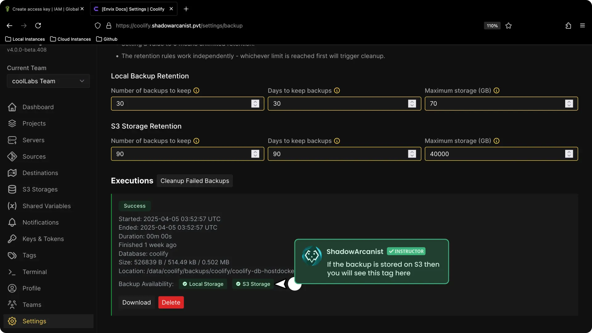 Coolify Aws S3 Backup Setup