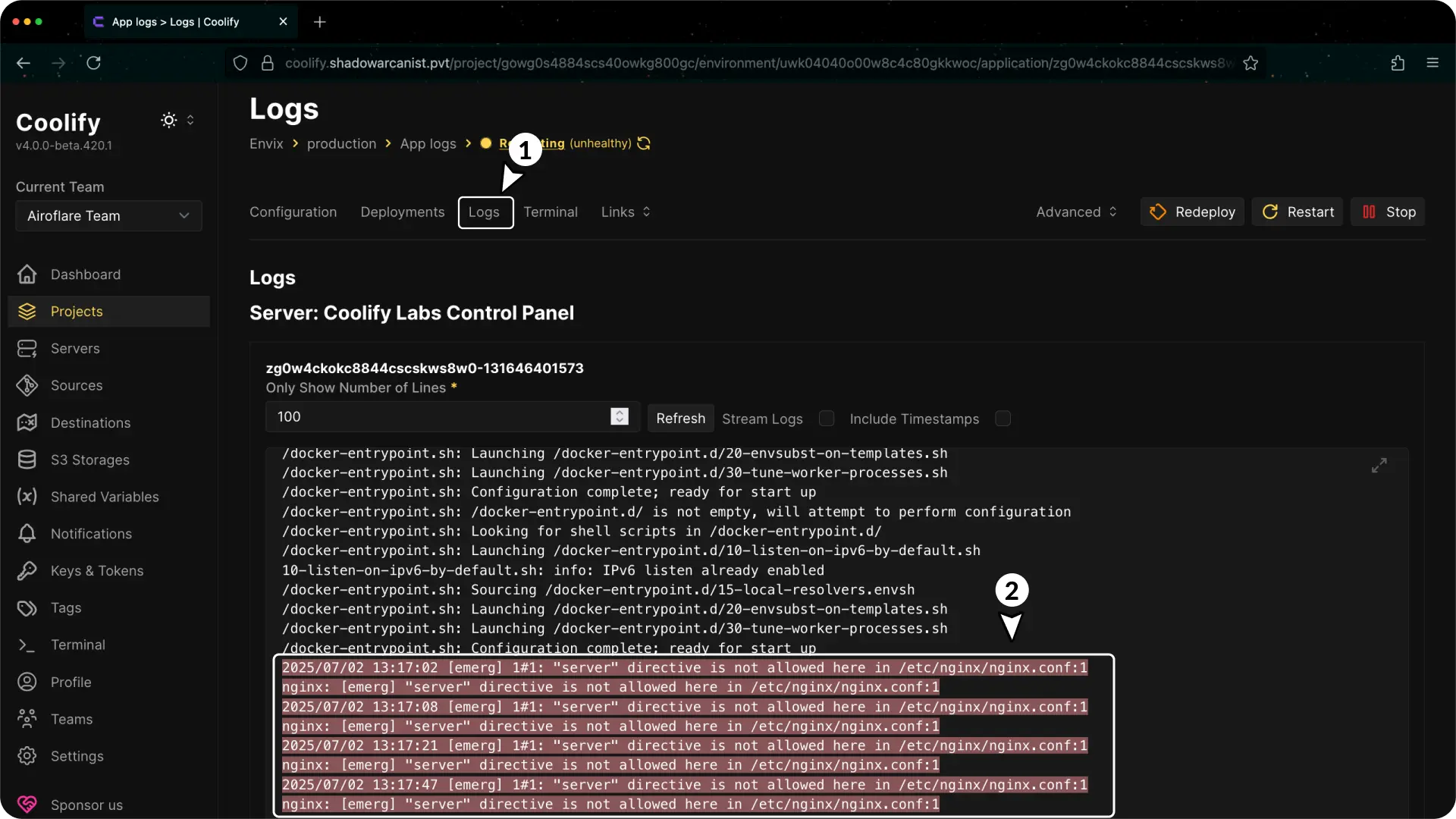Coolify No Available Server Application Logs