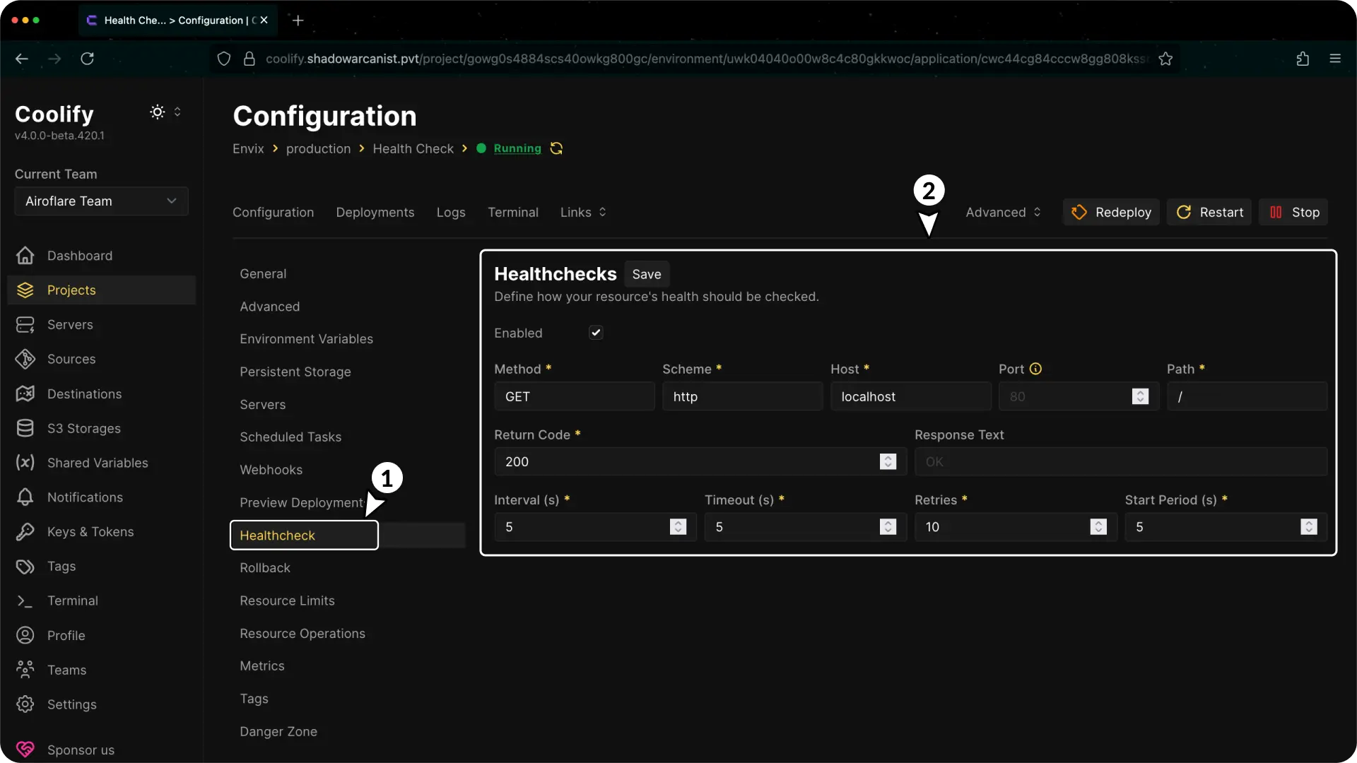 Coolify No Available Server Health Check Setting