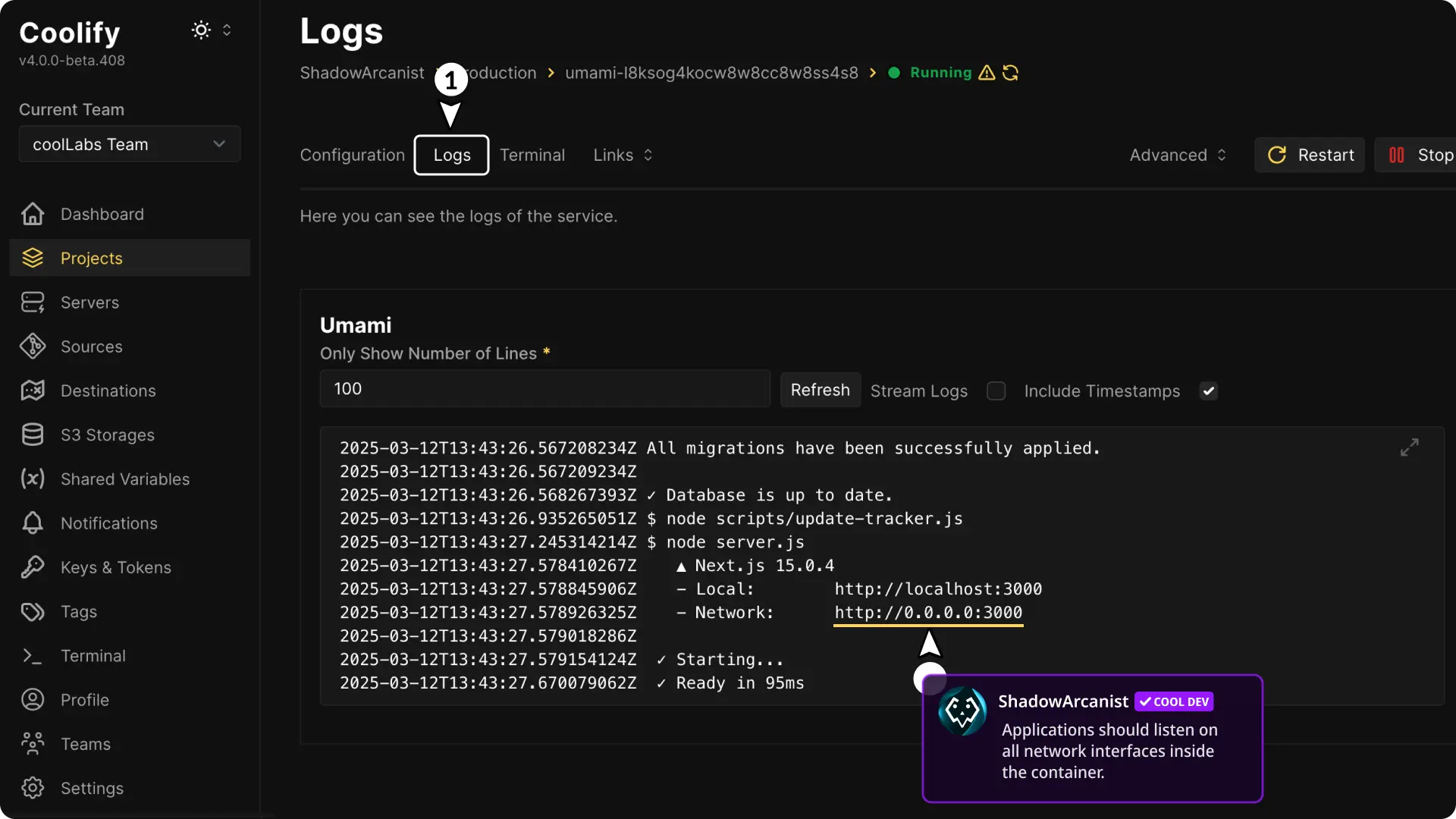 Coolify No Available Server Application Listen Ports